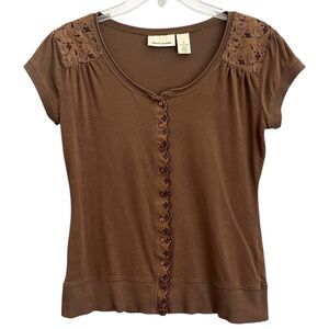 DKNY Y2K Brown Embroidered Buttoned Top Size M Forest Fairy Grunge Boho Floral